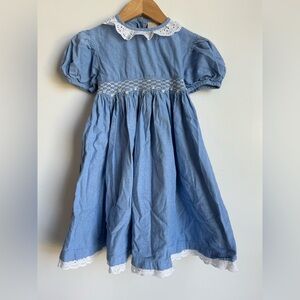 Osh Kosh Collection Vintage Girl Smocked Dress Blue Size 6 Lace Eyelet Floral